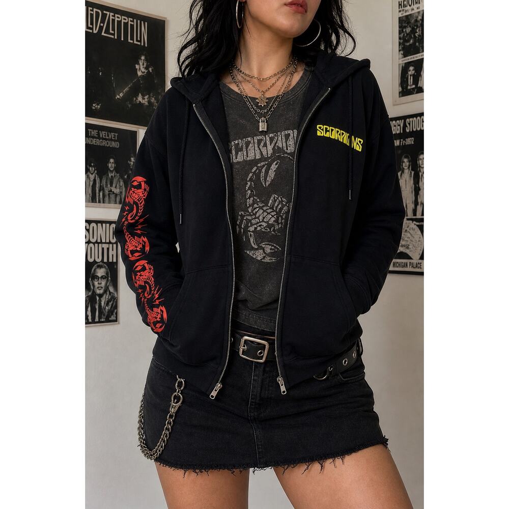 Scorpions Band Hoodie Full Zip Black Graphic Sleeve Back Print Rock Merch L